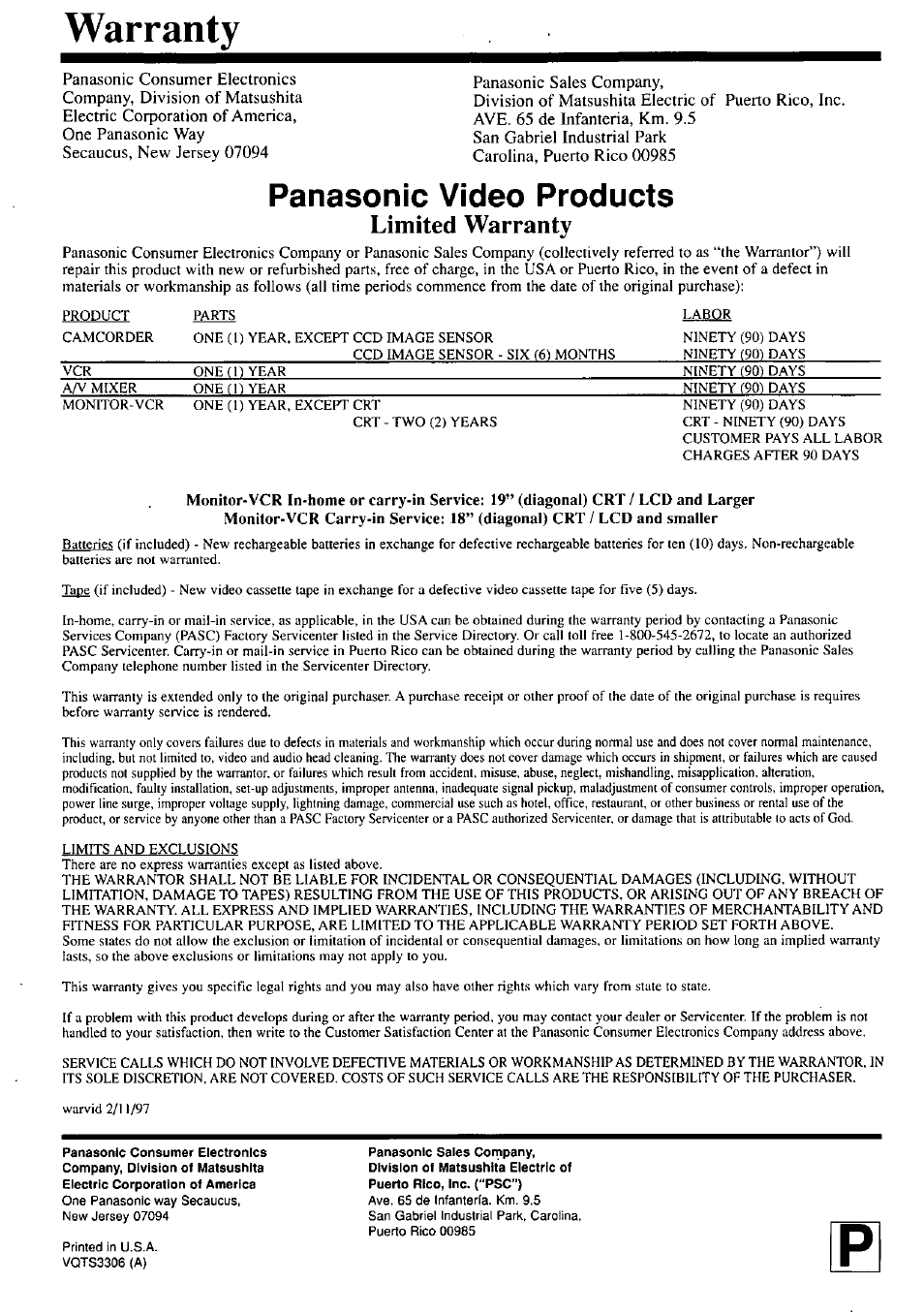 Warranty, Limited warranty, Panasonic video products | Panasonic OMNIVISION PV-M2057 User Manual | Page 48 / 48