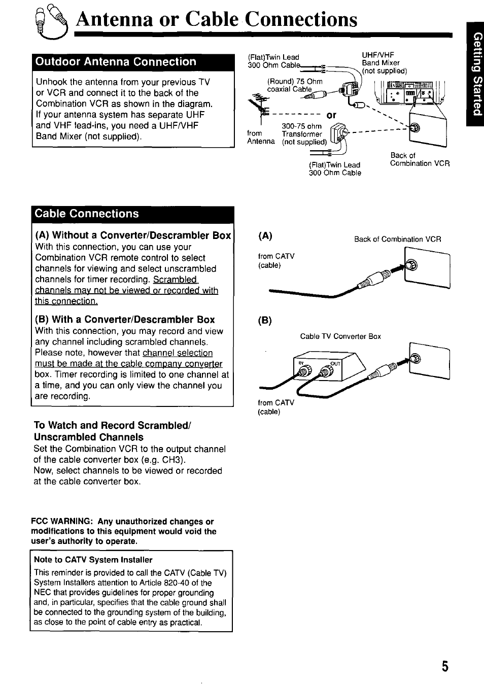 Antenna or cable connections, Outdoor antenna connection, Cable connections | A) without a converter/descrambler box, B) with a converter/descrambler box, Note to catv system installer | Panasonic OMNIVISION PV-M2057 User Manual | Page 5 / 48