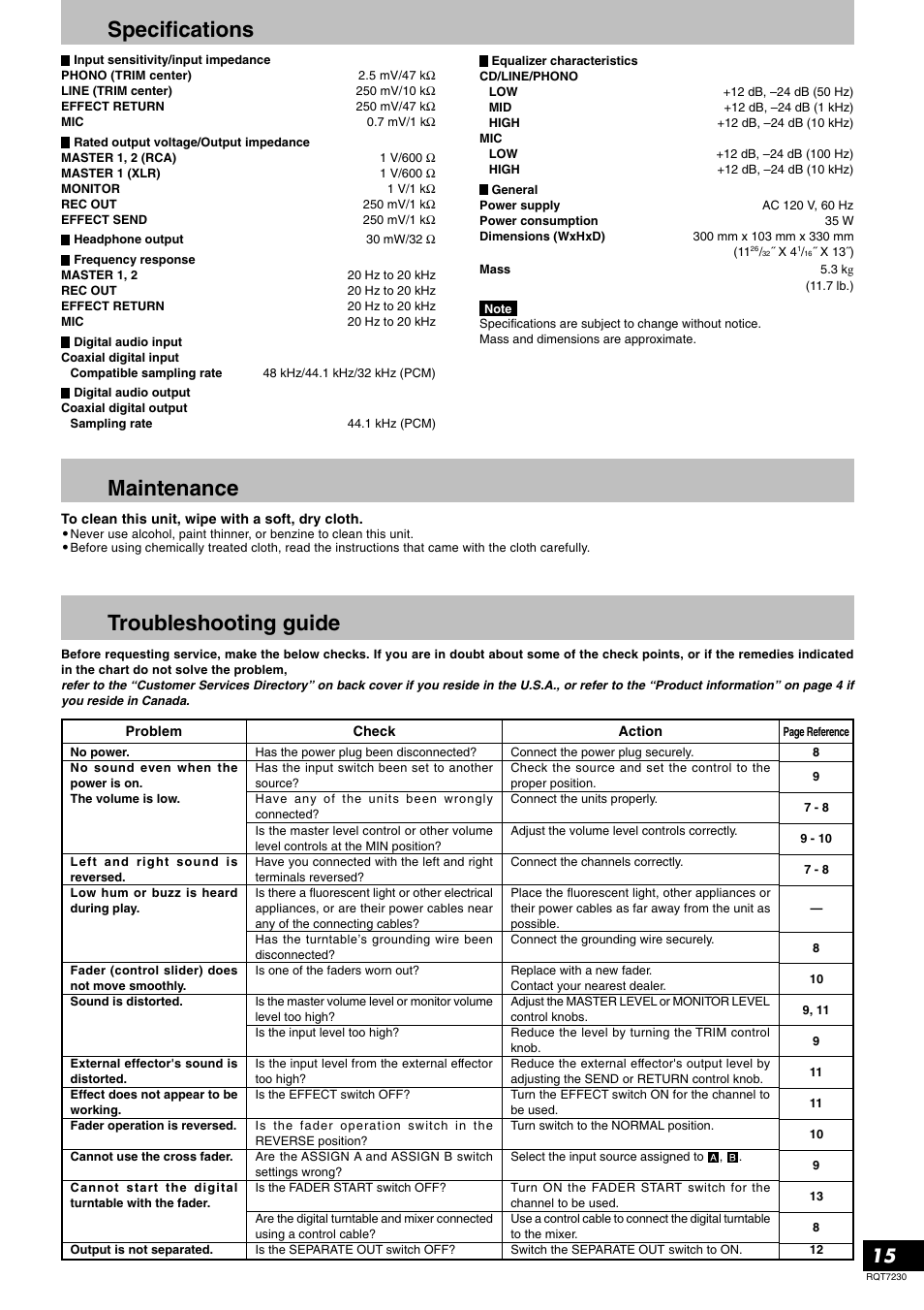 Specifications, Maintenance, Troubleshooting guide | Panasonic SH-MZ1200 User Manual | Page 15 / 16