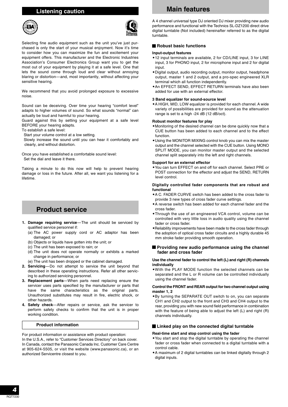 Product service, Main features, Listening caution | Product information, Robust basic functions, Linked play on the connected digital turntable | Panasonic SH-MZ1200 User Manual | Page 4 / 16