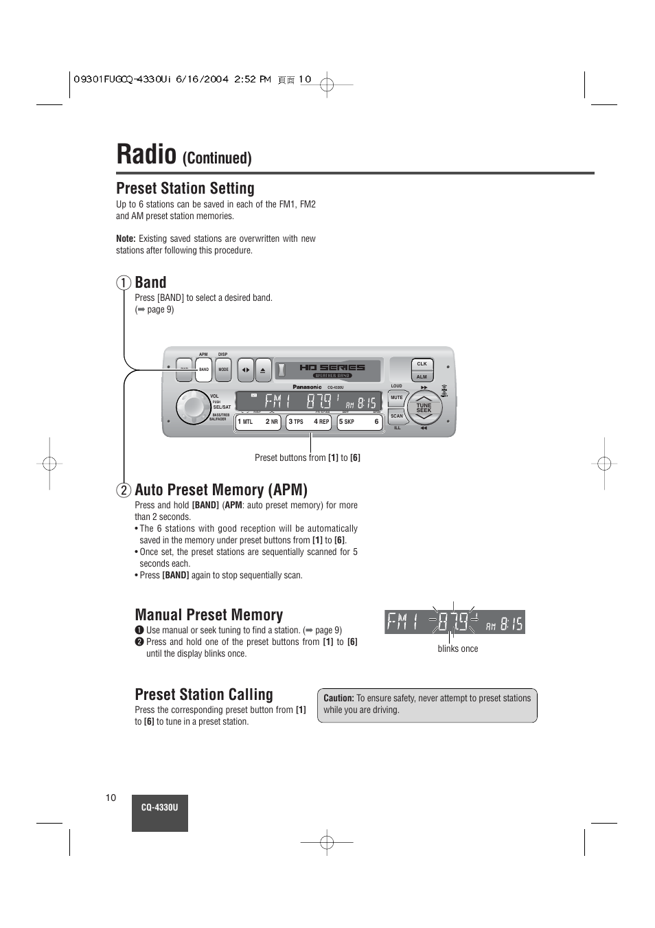 Radio, Continued), Preset station setting | Band, Preset station calling | Panasonic CQ-4330U User Manual | Page 10 / 30