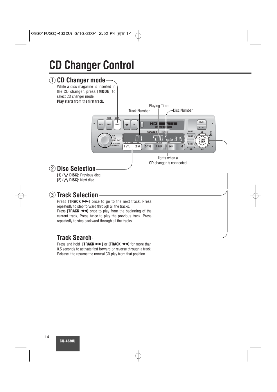 Cd changer control, Cd changer mode, Qdisc selection | Wtrack selection, Track search | Panasonic CQ-4330U User Manual | Page 14 / 30