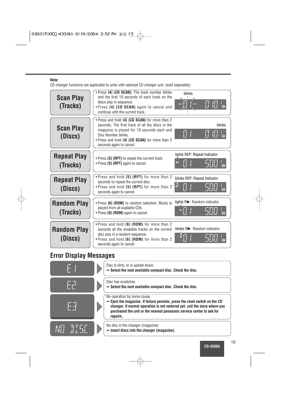 Error display messages, Scan play (tracks), Scan play (discs) | Repeat play (tracks), Repeat play (discs), Random play (tracks), Random play (discs) | Panasonic CQ-4330U User Manual | Page 15 / 30