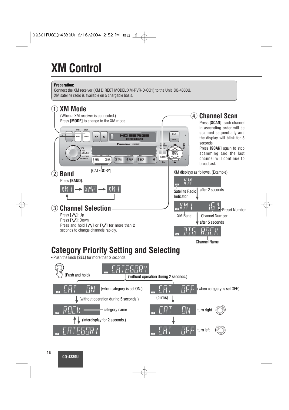 Xm control, Category priority setting and selecting, Q xm mode | W band, E channel selection, R channel scan | Panasonic CQ-4330U User Manual | Page 16 / 30