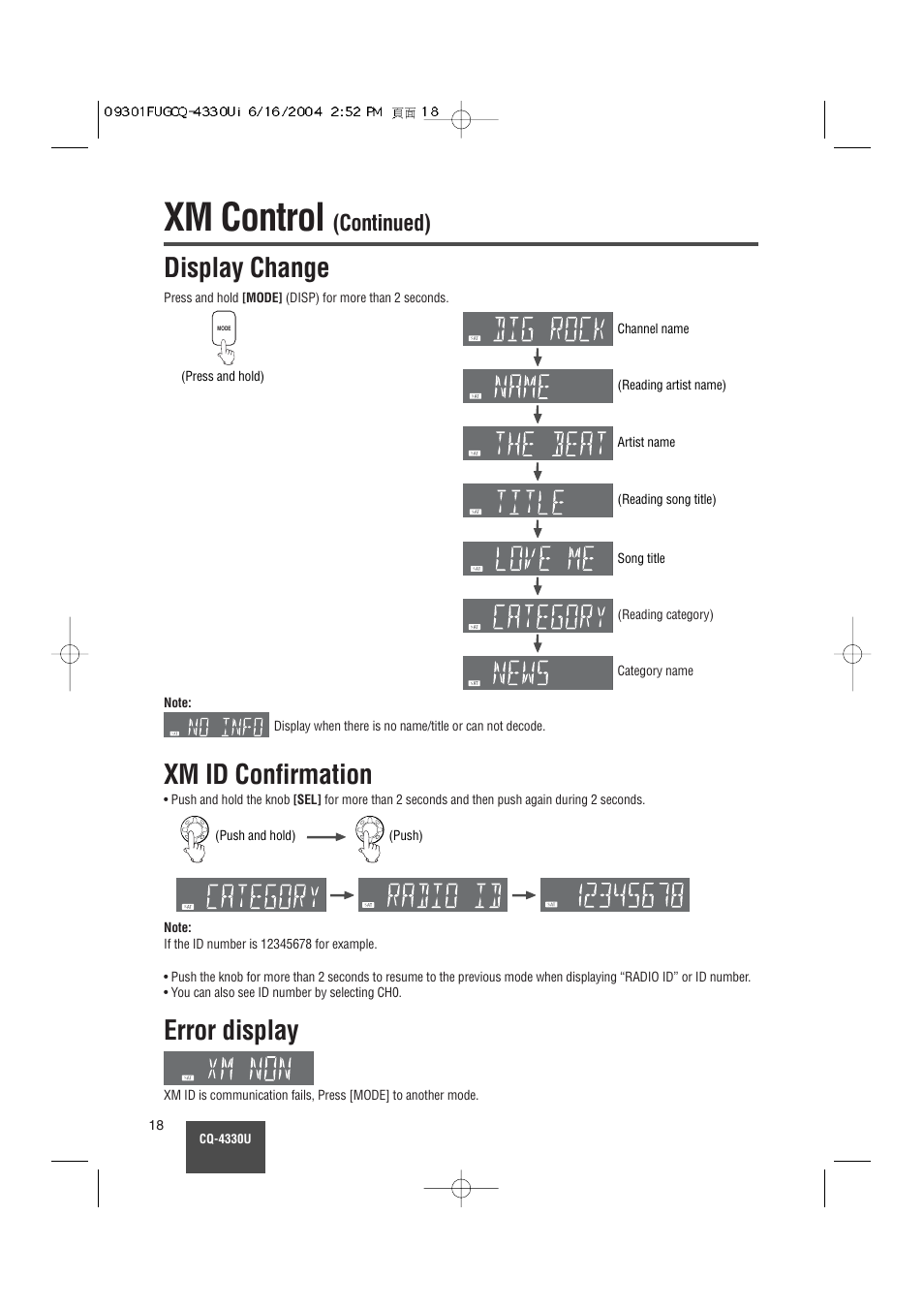 Xm control, Display change, Xm id confirmation | Error display, Continued) | Panasonic CQ-4330U User Manual | Page 18 / 30