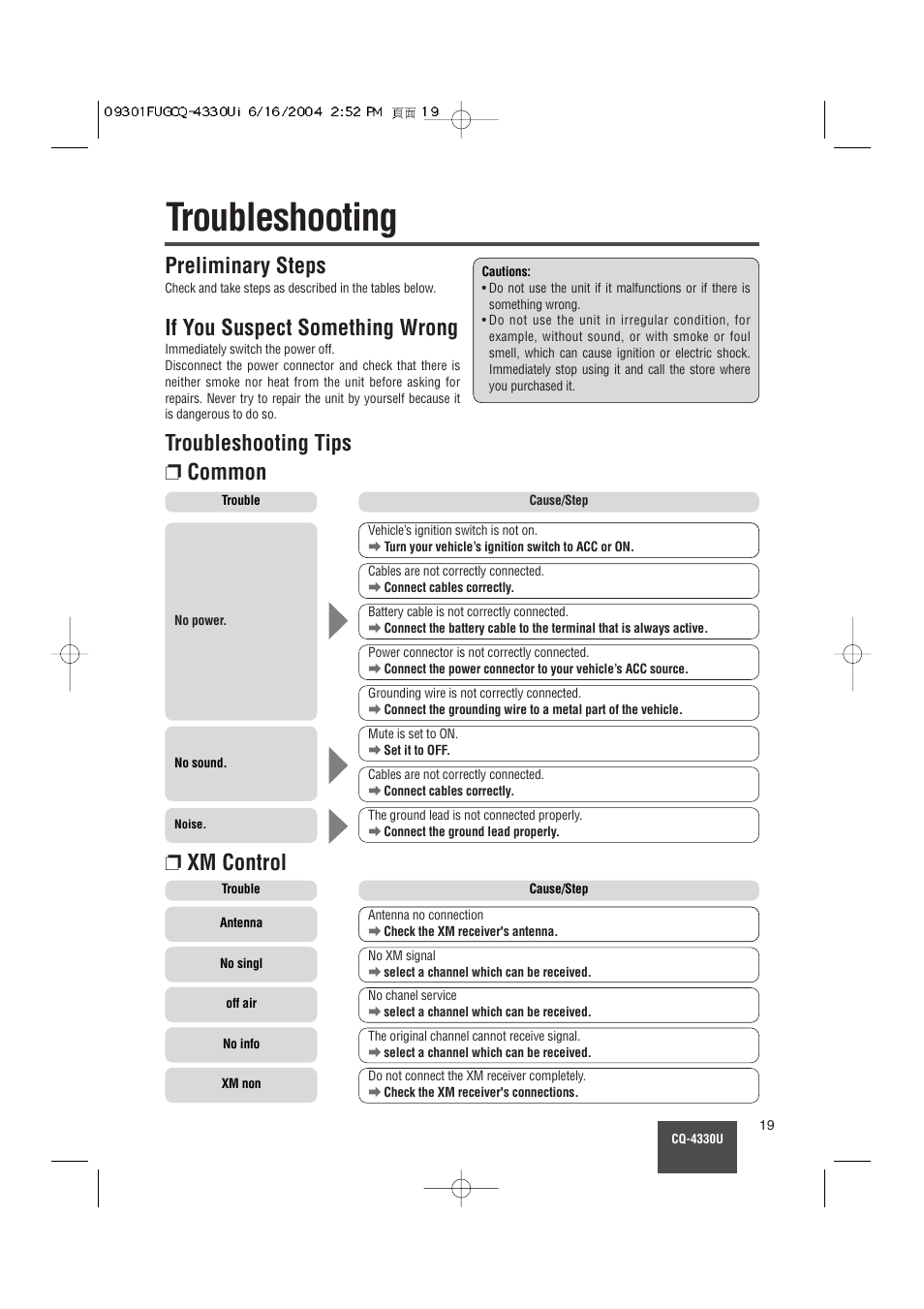 Troubleshooting, Preliminary steps, If you suspect something wrong | Troubleshooting tips ❐ common, Xm control | Panasonic CQ-4330U User Manual | Page 19 / 30