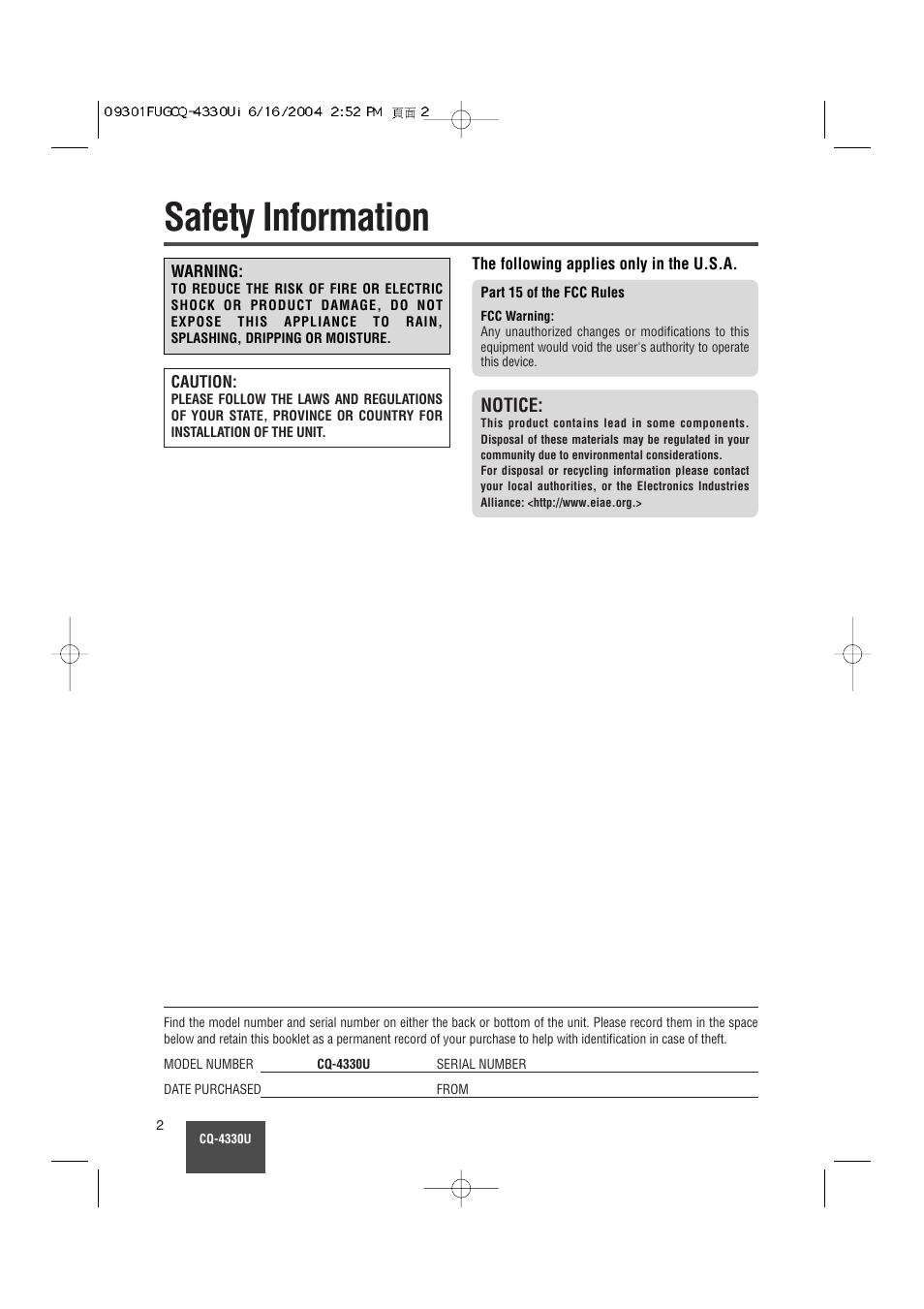 Safety information (part 15 of the fcc rules), Notice, Safety information | Panasonic CQ-4330U User Manual | Page 2 / 30