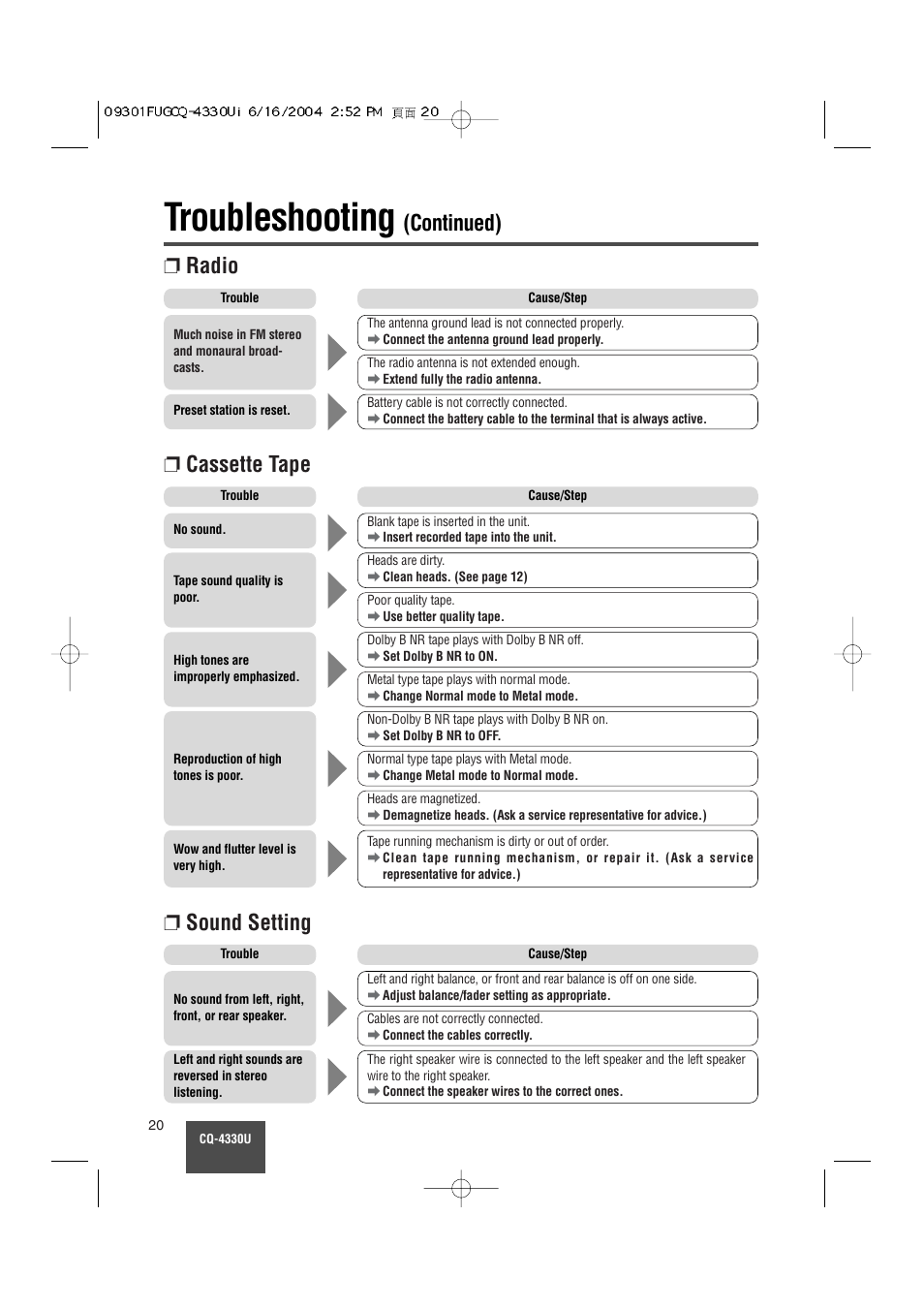 Troubleshooting, Radio, Cassette tape | Sound setting, Continued) | Panasonic CQ-4330U User Manual | Page 20 / 30