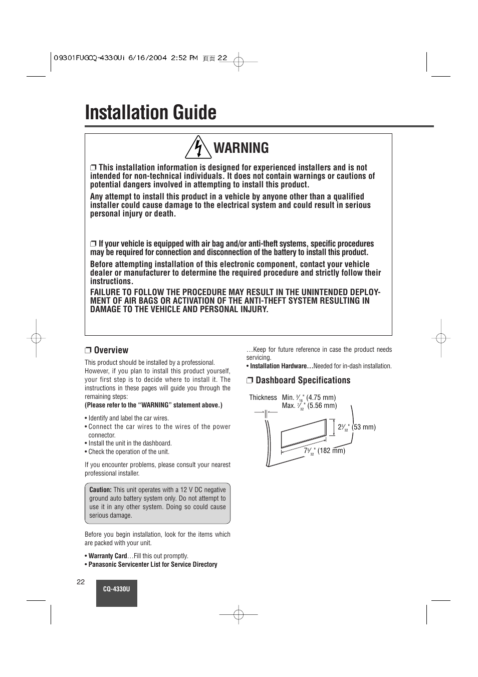 Installation guide, Warning, Overview | Dashboard specifications | Panasonic CQ-4330U User Manual | Page 22 / 30