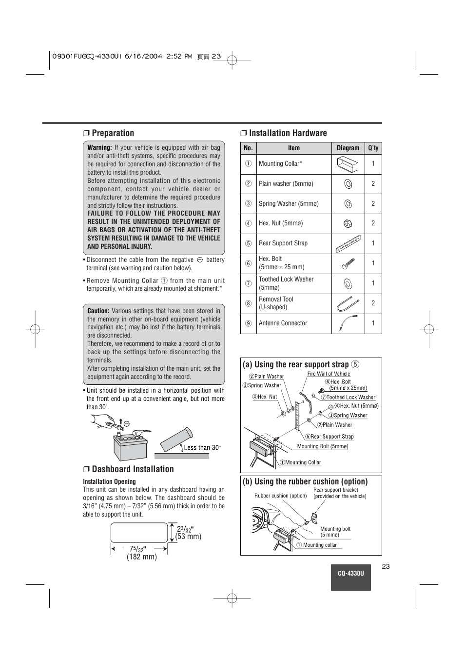 Preparation ❐ installation hardware, Dashboard installation | Panasonic CQ-4330U User Manual | Page 23 / 30
