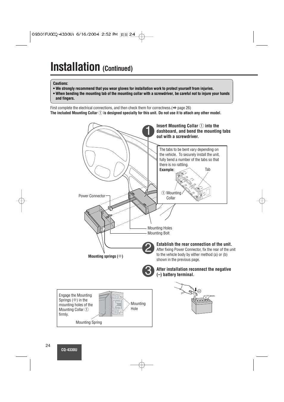 Installation, Continued) | Panasonic CQ-4330U User Manual | Page 24 / 30