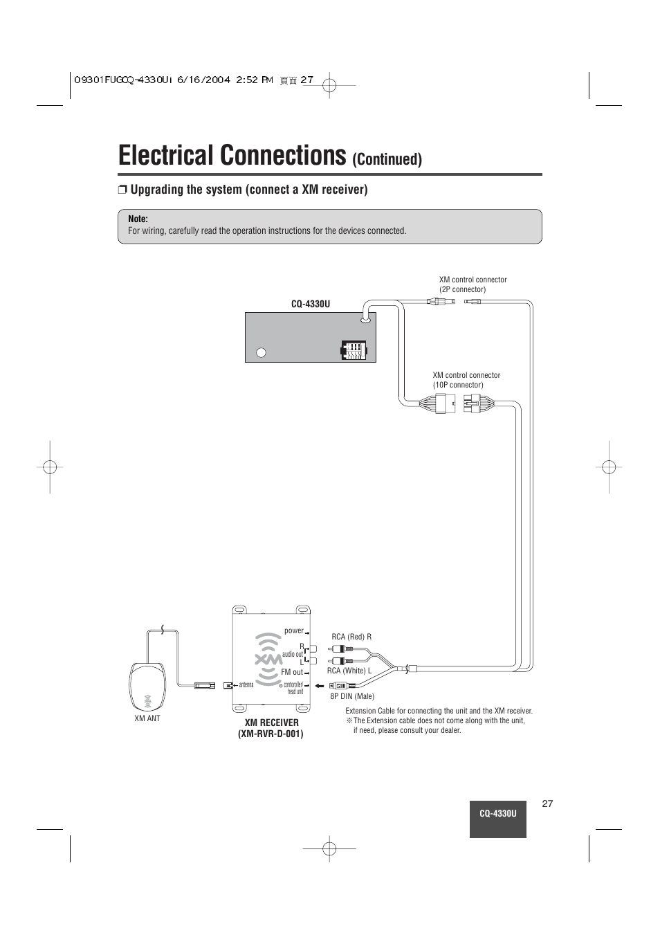 Electrical connections, Continued), Upgrading the system (connect a xm receiver) | Panasonic CQ-4330U User Manual | Page 27 / 30