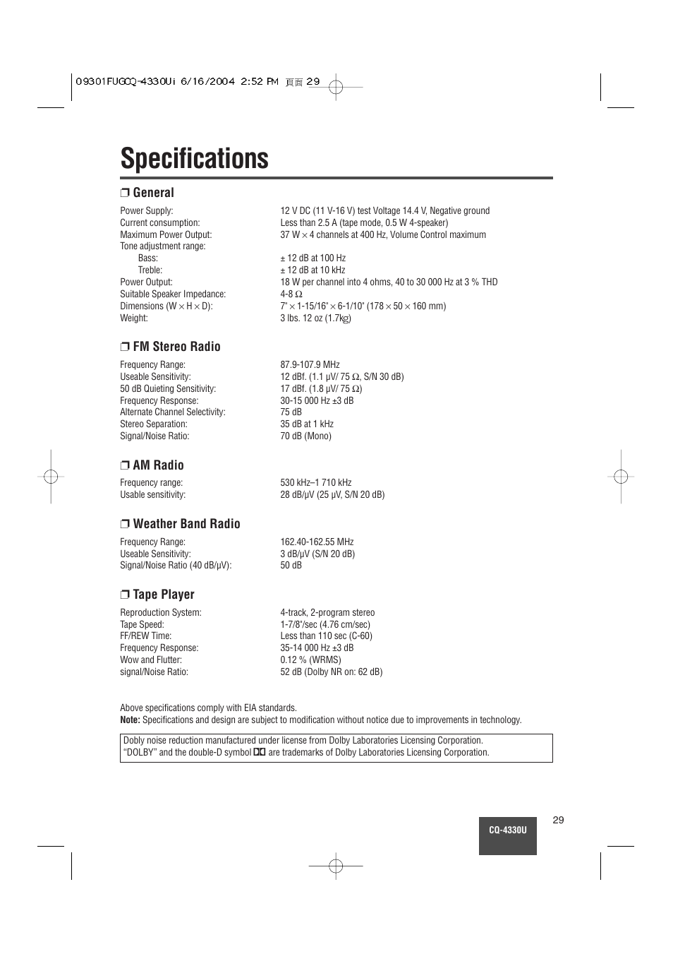 Spectifications, Specifications, General | Fm stereo radio, Am radio, Weather band radio, Tape player | Panasonic CQ-4330U User Manual | Page 29 / 30