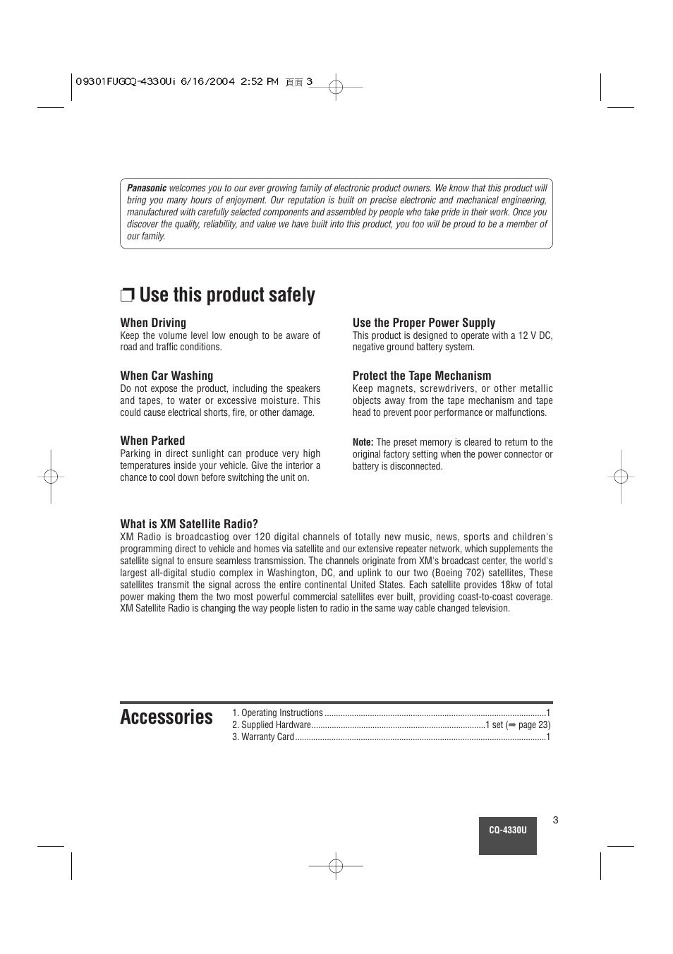 Use this product safely, Accessories | Panasonic CQ-4330U User Manual | Page 3 / 30
