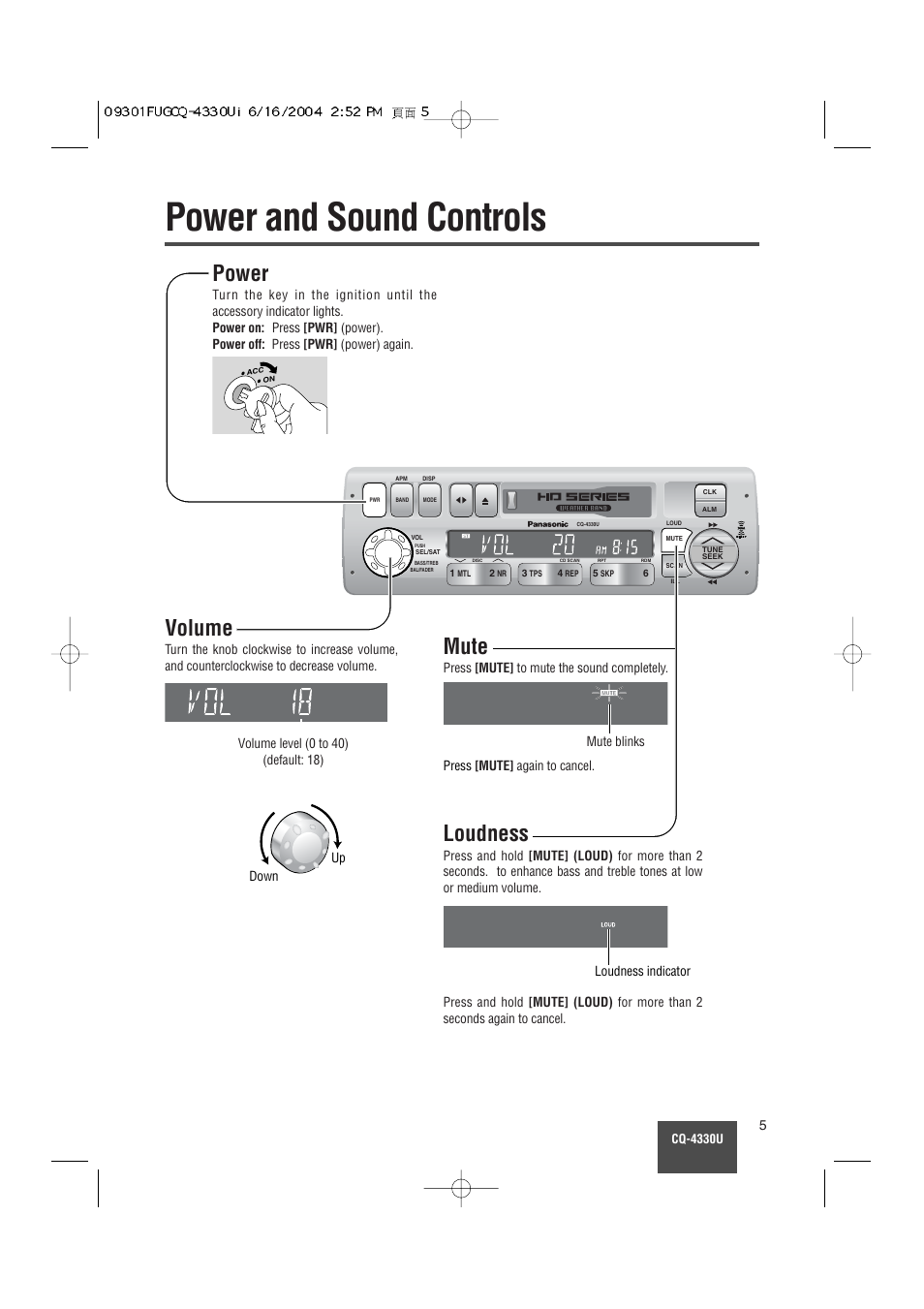 Power and sound controls, Power, Volume | Mute, Loudness | Panasonic CQ-4330U User Manual | Page 5 / 30