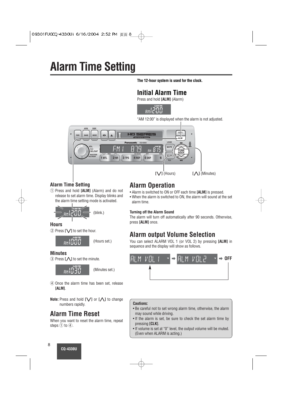 Alarm time setting, Initial alarm time, Alarm time reset | Alarm operation, Alarm output volume selection, Alarm time setting hours minutes | Panasonic CQ-4330U User Manual | Page 8 / 30
