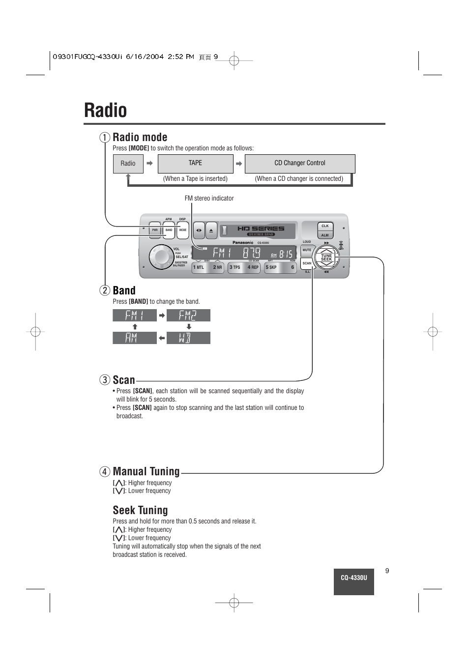 Radio, Radio mode, Band | Seek tuning, Manual tuning, Rscan | Panasonic CQ-4330U User Manual | Page 9 / 30