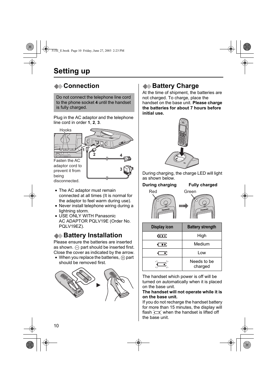 Setting up, Connection, Battery installation | Battery charge | Panasonic KX-TCD515E User Manual | Page 10 / 96