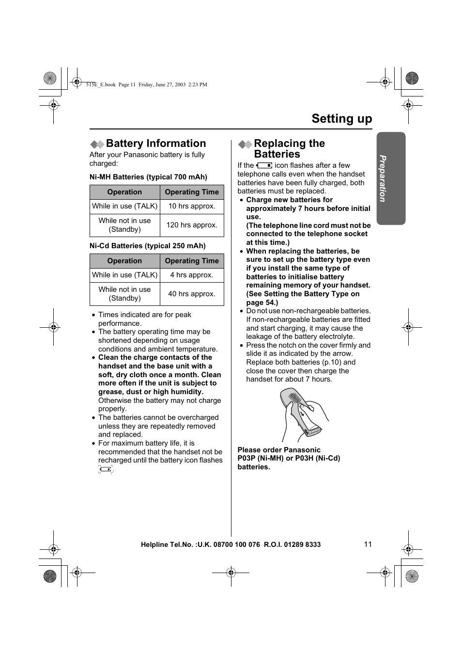 Setting up, Battery information, Replacing the batteries | Panasonic KX-TCD515E User Manual | Page 11 / 96