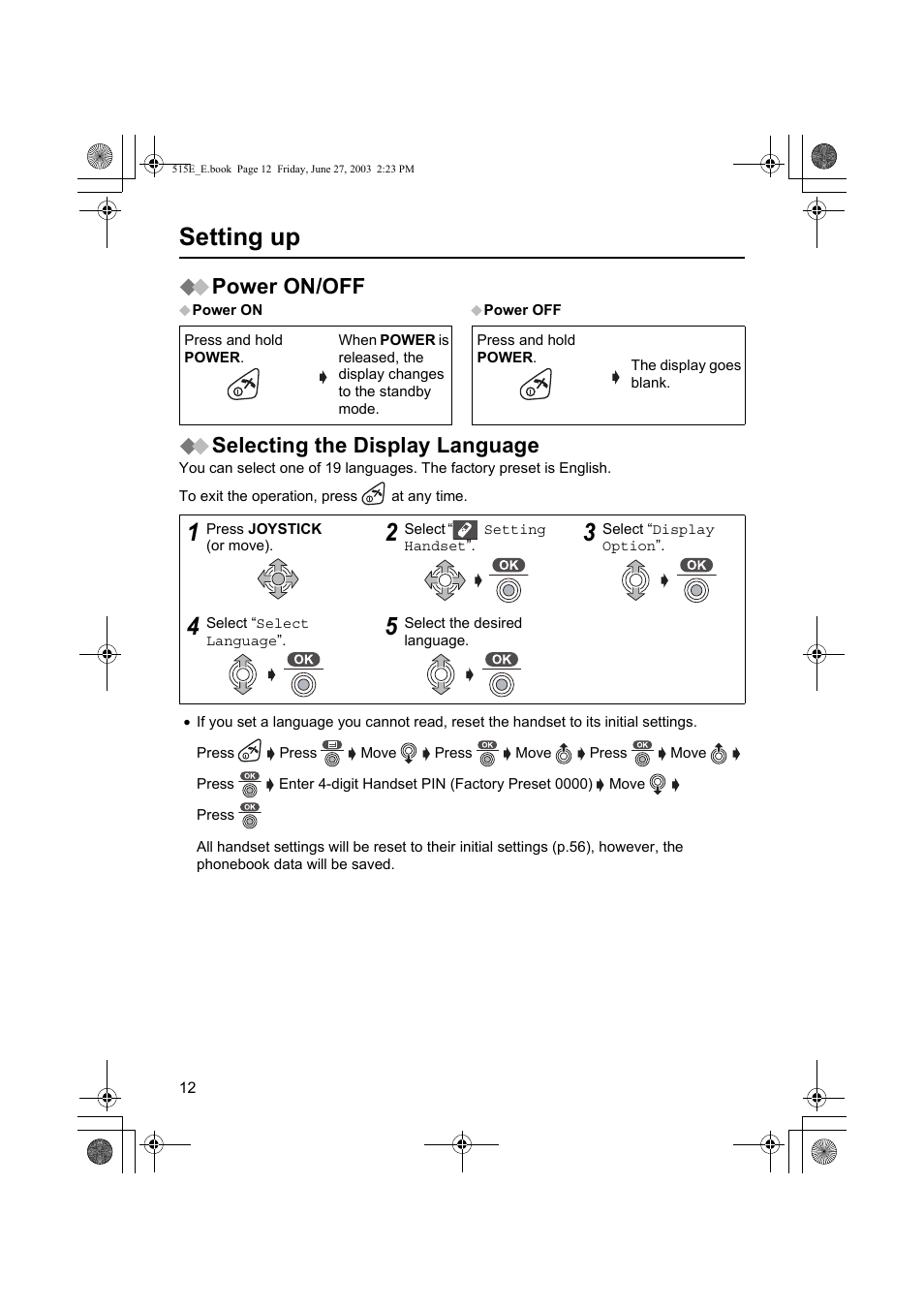 Setting up, Power on/off, Selecting the display language | Panasonic KX-TCD515E User Manual | Page 12 / 96