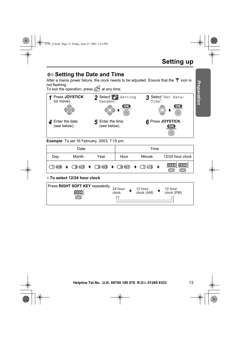 Setting up, Setting the date and time | Panasonic KX-TCD515E User Manual | Page 13 / 96