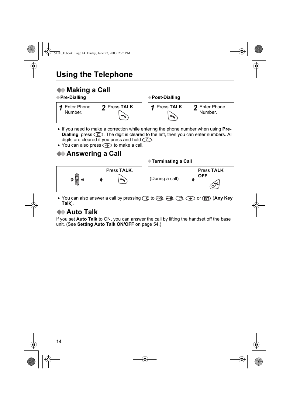 Using the telephone, Making a call, Answering a call | Auto talk | Panasonic KX-TCD515E User Manual | Page 14 / 96