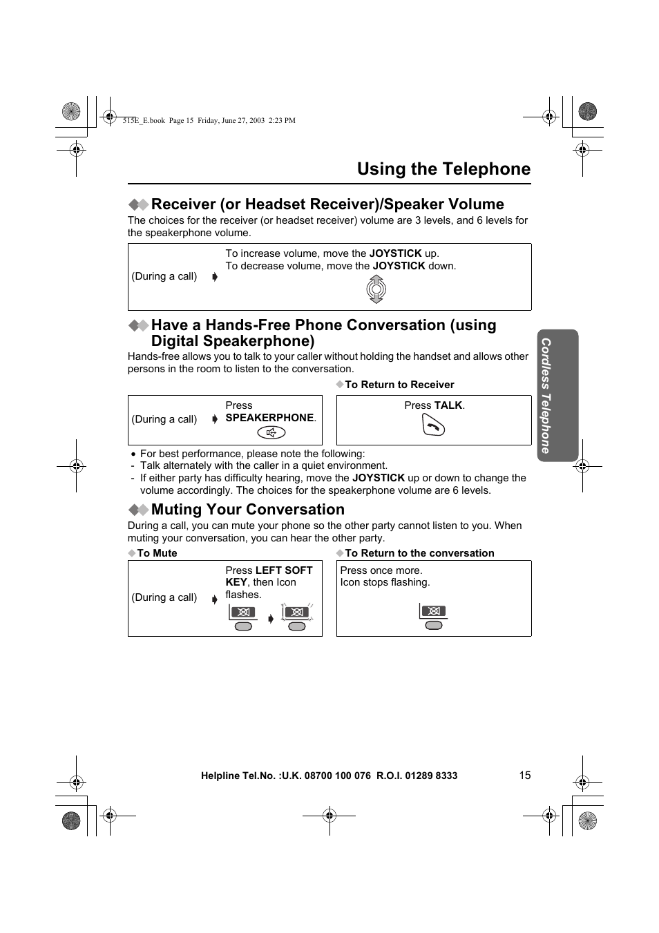 Using the telephone, Receiver (or headset receiver)/speaker volume, Muting your conversation | Panasonic KX-TCD515E User Manual | Page 15 / 96