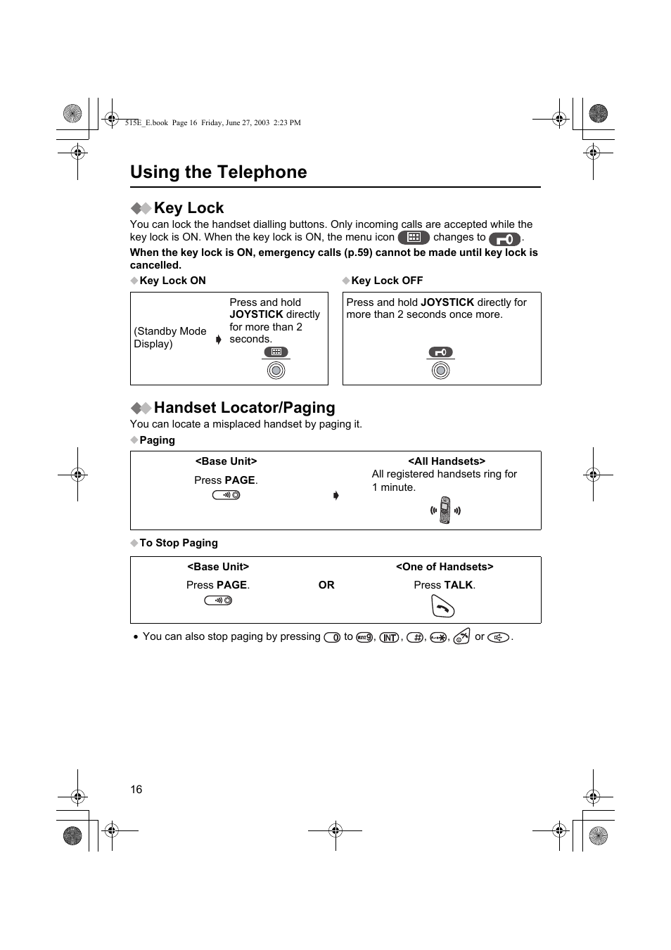 Using the telephone, Key lock, Handset locator/paging | Panasonic KX-TCD515E User Manual | Page 16 / 96