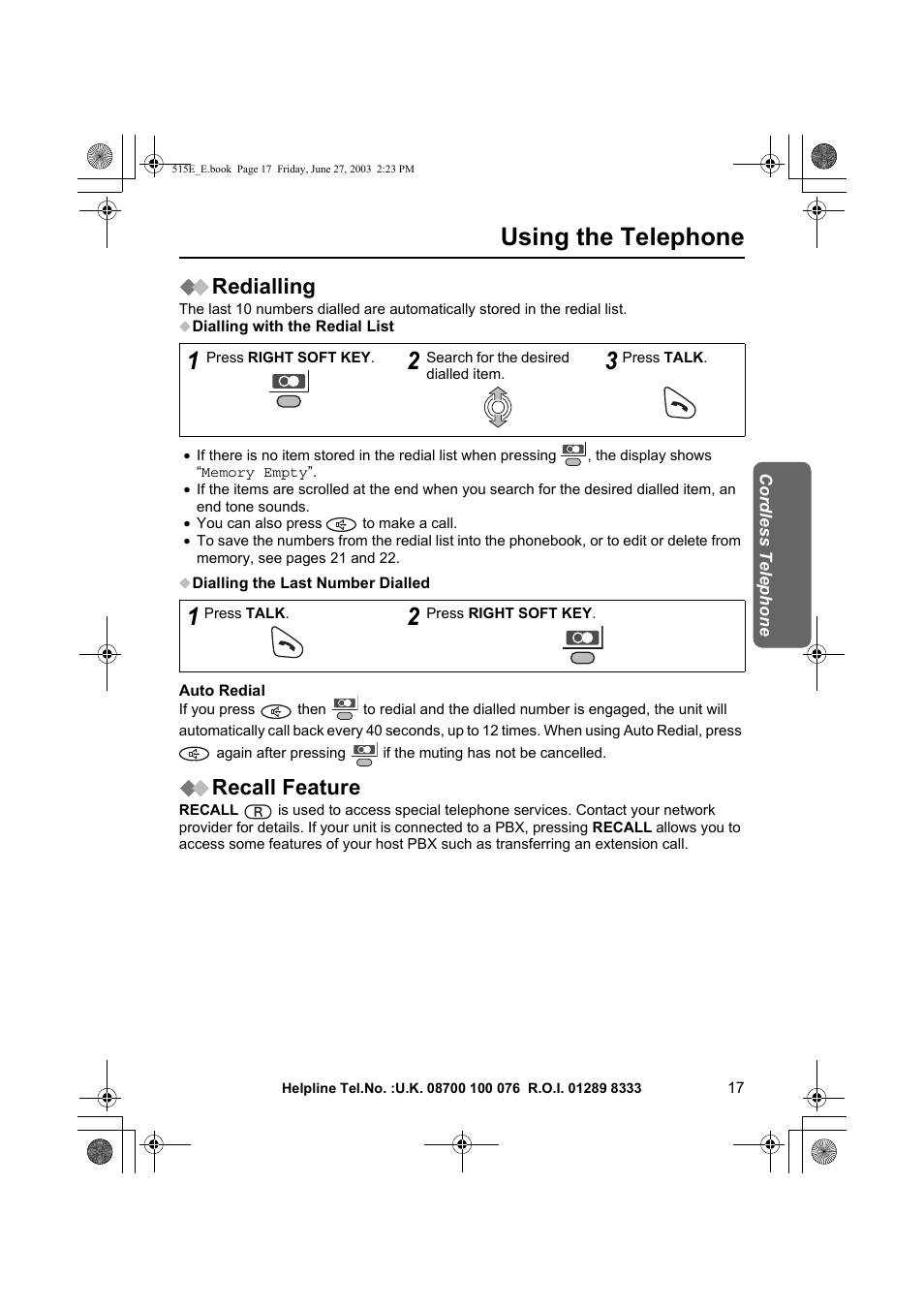 Using the telephone, Redialling, Recall feature | Panasonic KX-TCD515E User Manual | Page 17 / 96