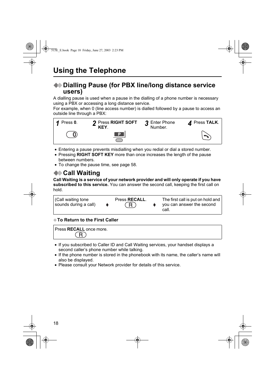 Using the telephone, Call waiting | Panasonic KX-TCD515E User Manual | Page 18 / 96