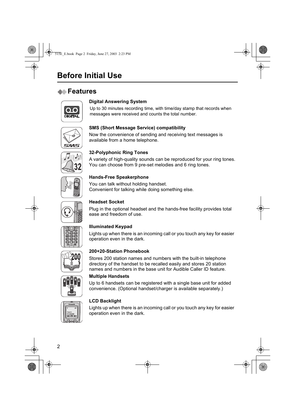 Before initial use, Features, Digital answering system | Panasonic KX-TCD515E User Manual | Page 2 / 96