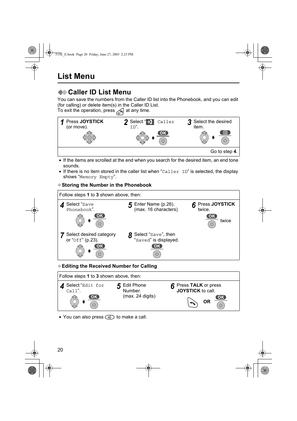 List menu, Caller id list menu | Panasonic KX-TCD515E User Manual | Page 20 / 96