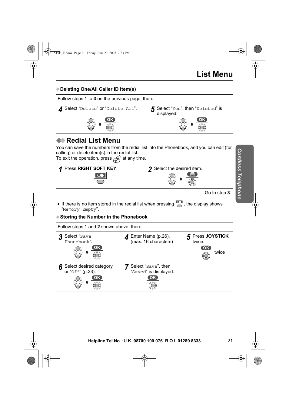 List menu, Redial list menu | Panasonic KX-TCD515E User Manual | Page 21 / 96