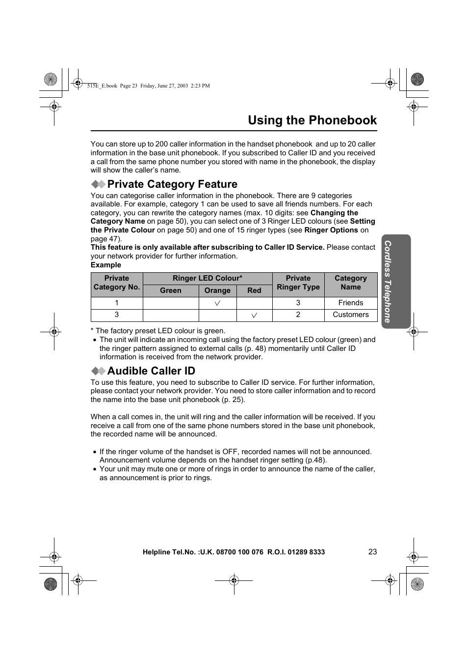 Using the phonebook, Private category feature, Audible caller id | Panasonic KX-TCD515E User Manual | Page 23 / 96