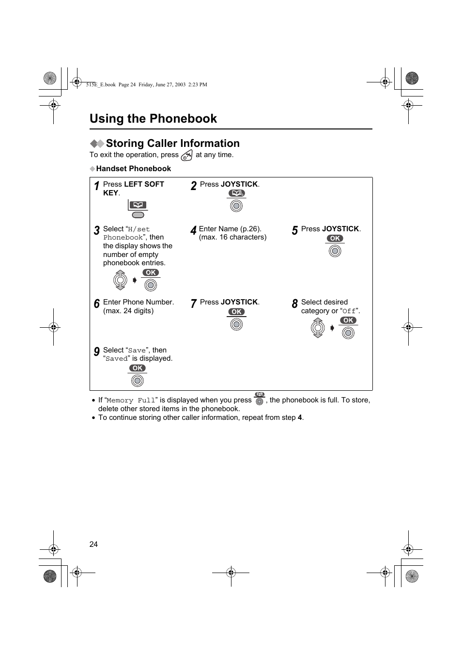 Using the phonebook, Storing caller information | Panasonic KX-TCD515E User Manual | Page 24 / 96