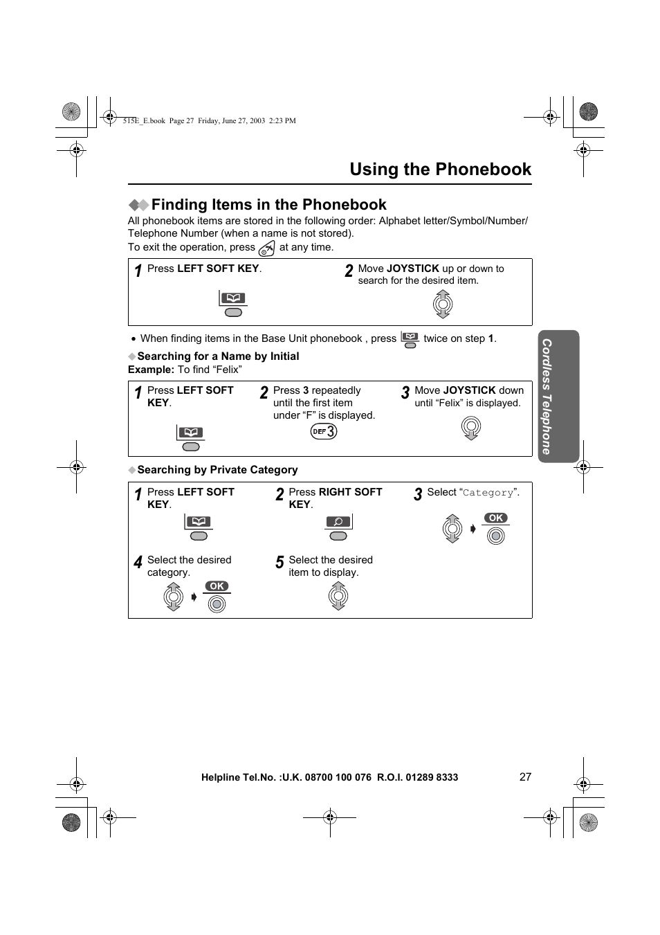 Using the phonebook, Finding items in the phonebook | Panasonic KX-TCD515E User Manual | Page 27 / 96