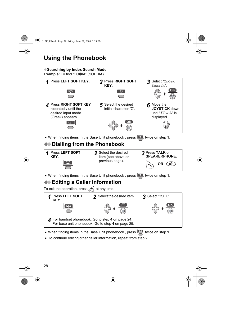 Using the phonebook, Dialling from the phonebook, Editing a caller information | Panasonic KX-TCD515E User Manual | Page 28 / 96