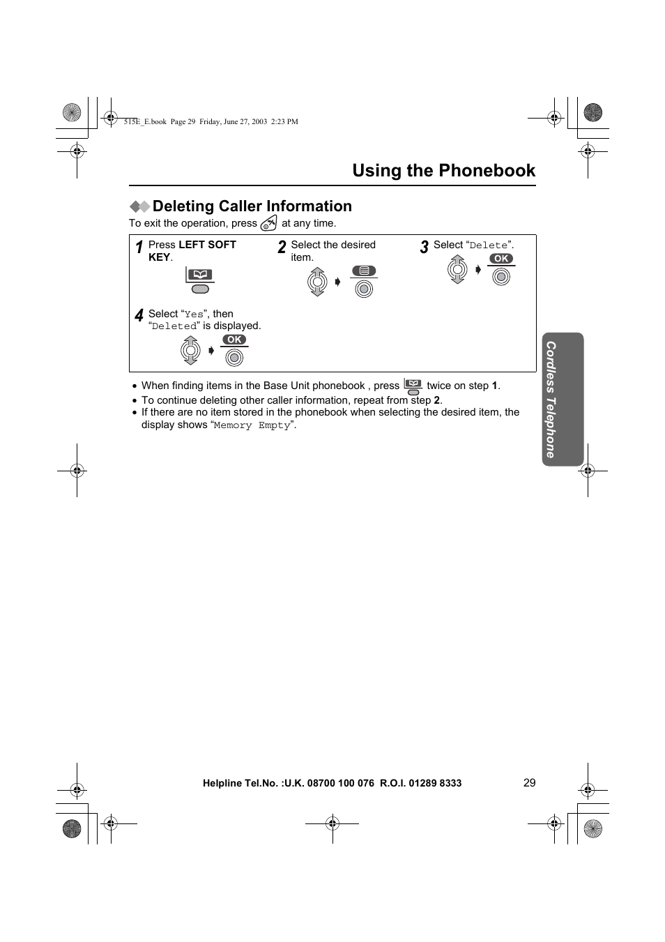 Using the phonebook, Deleting caller information | Panasonic KX-TCD515E User Manual | Page 29 / 96