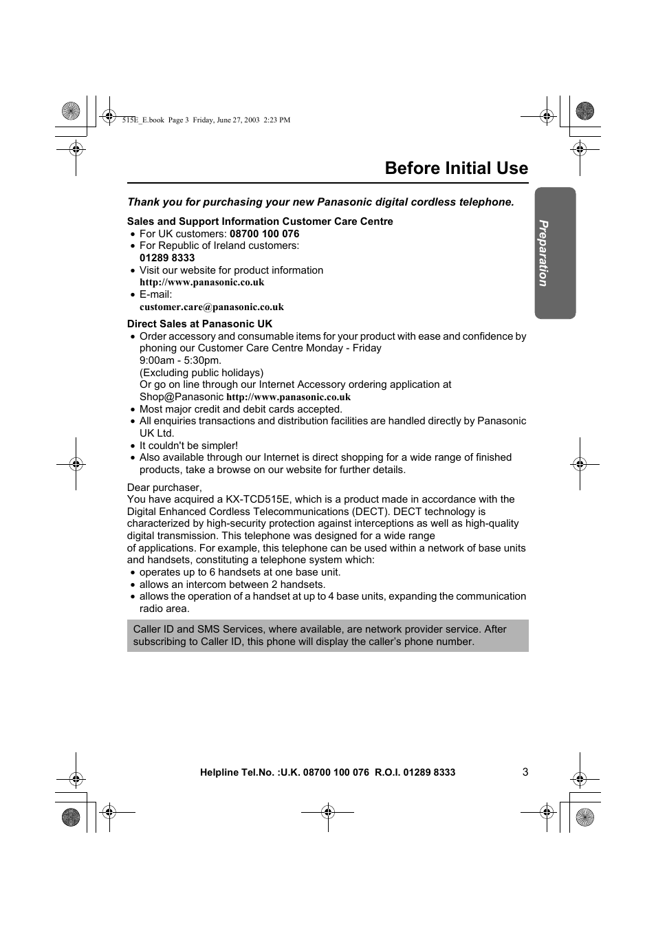 Before initial use | Panasonic KX-TCD515E User Manual | Page 3 / 96