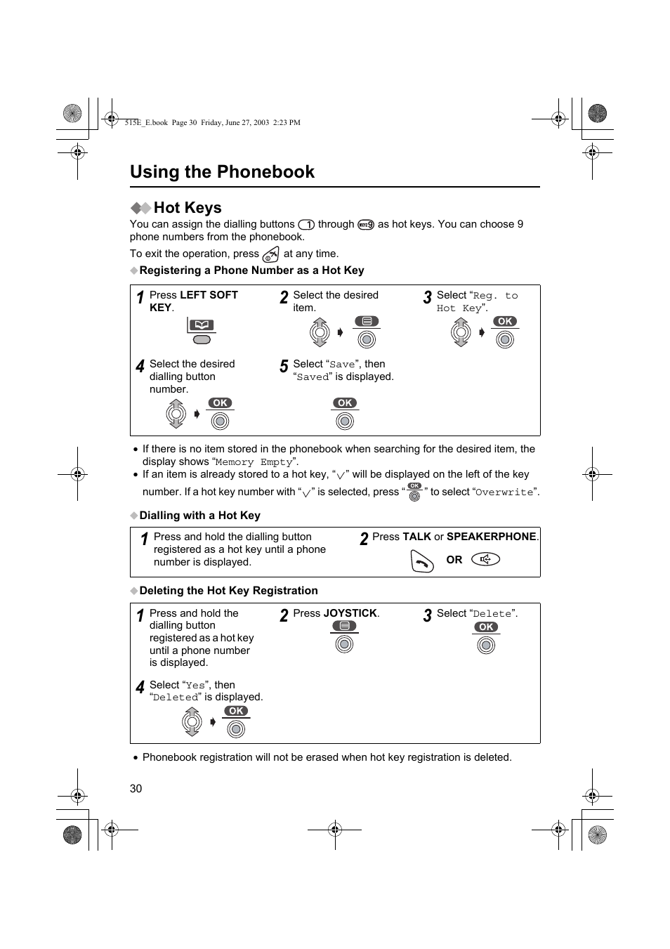 Using the phonebook, Hot keys | Panasonic KX-TCD515E User Manual | Page 30 / 96