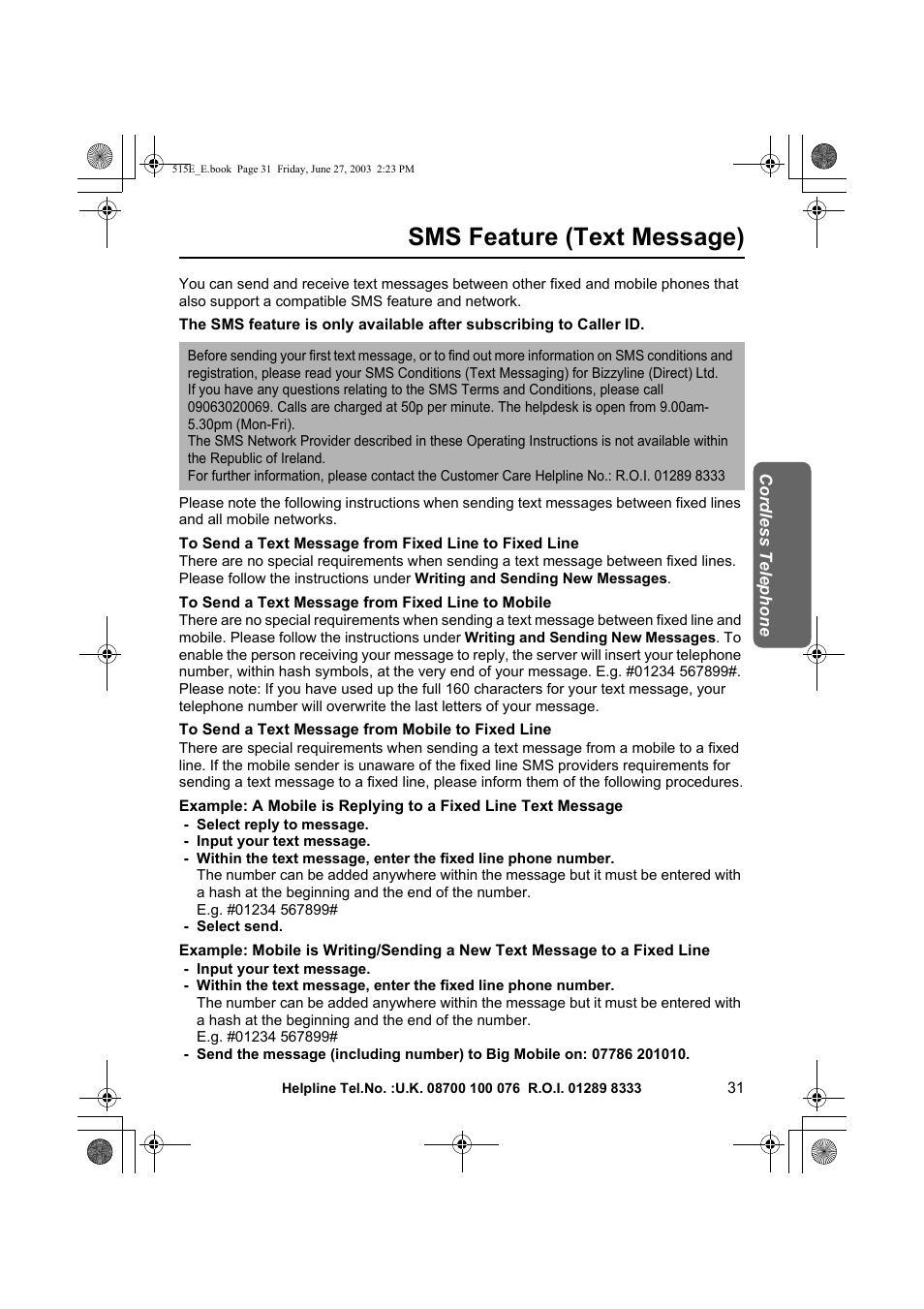 Sms feature (text message) | Panasonic KX-TCD515E User Manual | Page 31 / 96