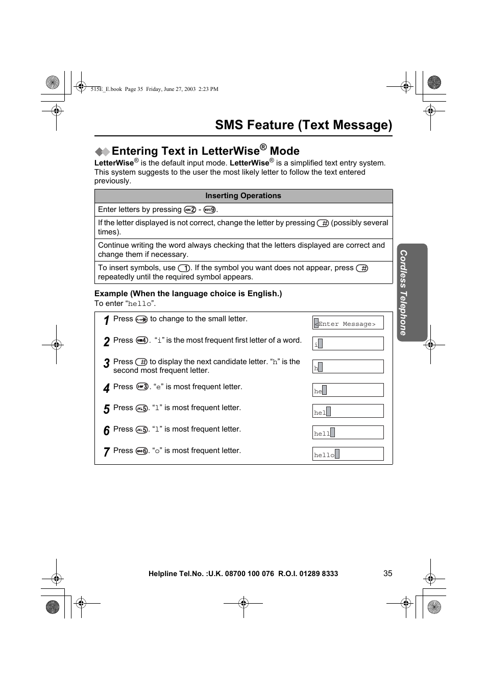 Sms feature (text message), Entering text in letterwise, Mode | Panasonic KX-TCD515E User Manual | Page 35 / 96