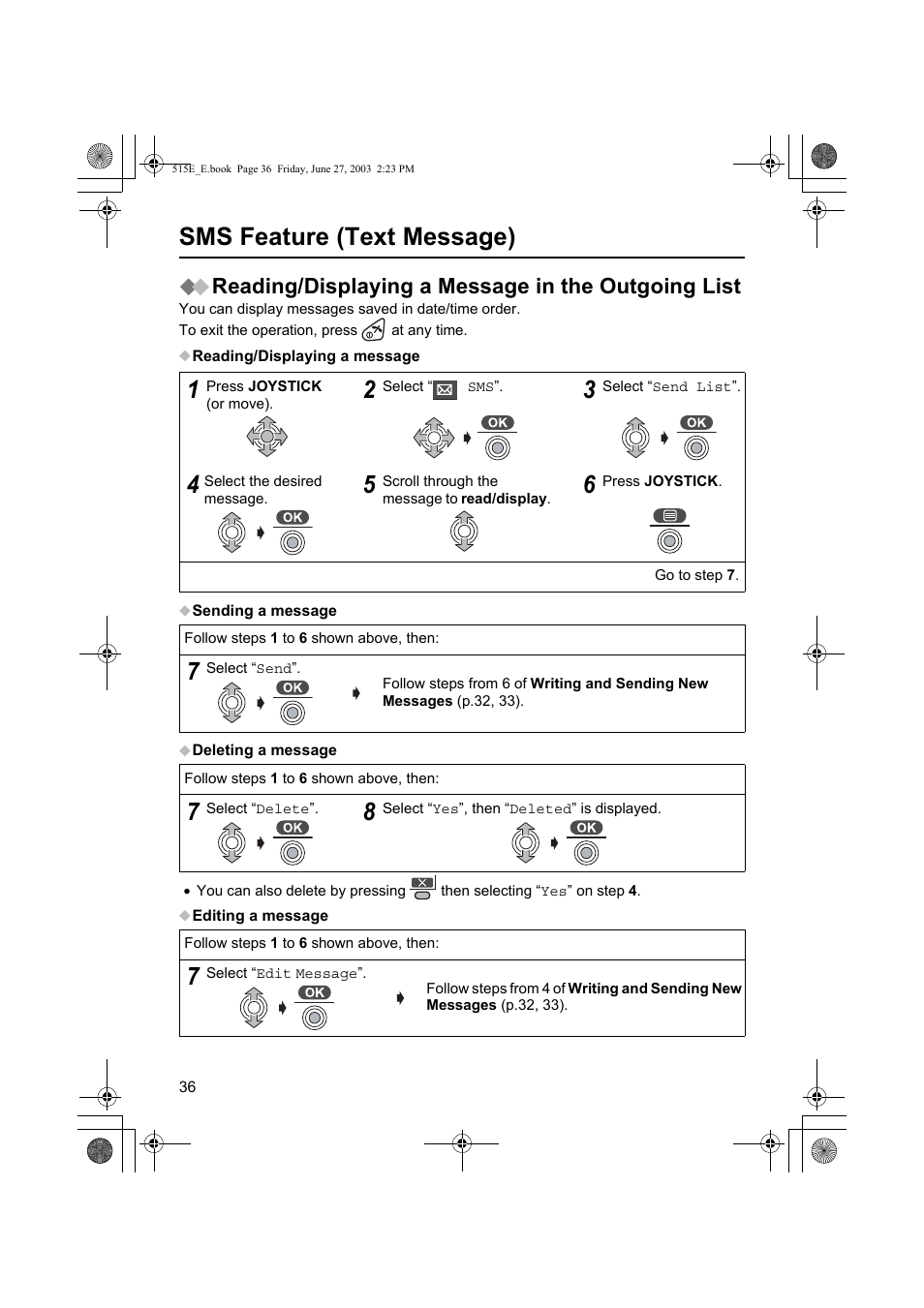 Sms feature (text message), Reading/displaying a message in the outgoing list | Panasonic KX-TCD515E User Manual | Page 36 / 96