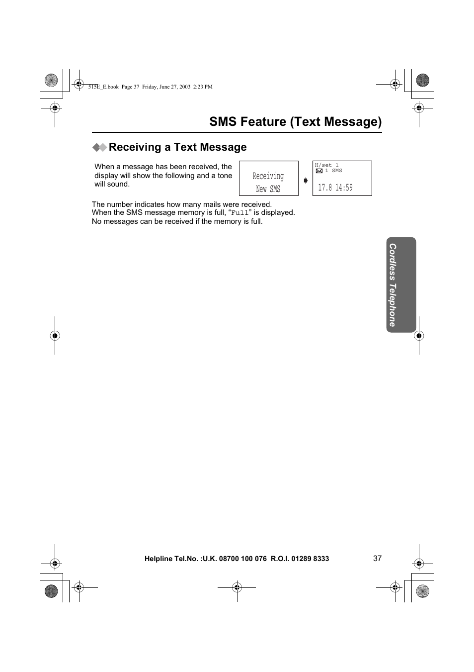 Sms feature (text message), Receiving new sms, Receiving a text message | Panasonic KX-TCD515E User Manual | Page 37 / 96