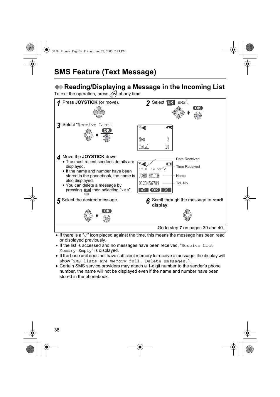 Sms feature (text message), New 2 total 10, Reading/displaying a message in the incoming list | Panasonic KX-TCD515E User Manual | Page 38 / 96