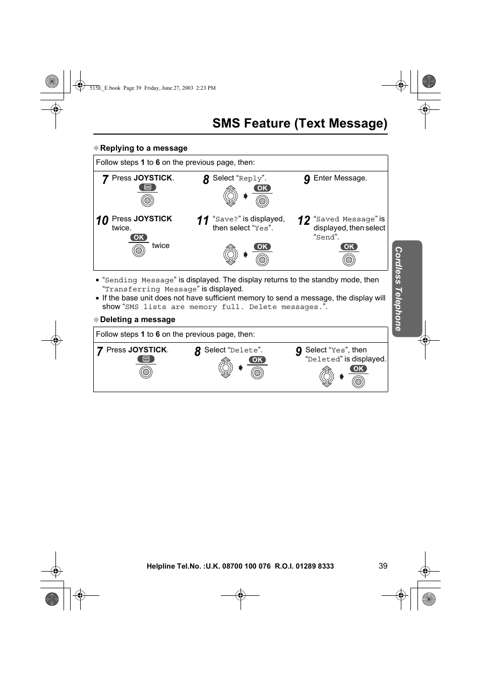 Sms feature (text message) | Panasonic KX-TCD515E User Manual | Page 39 / 96