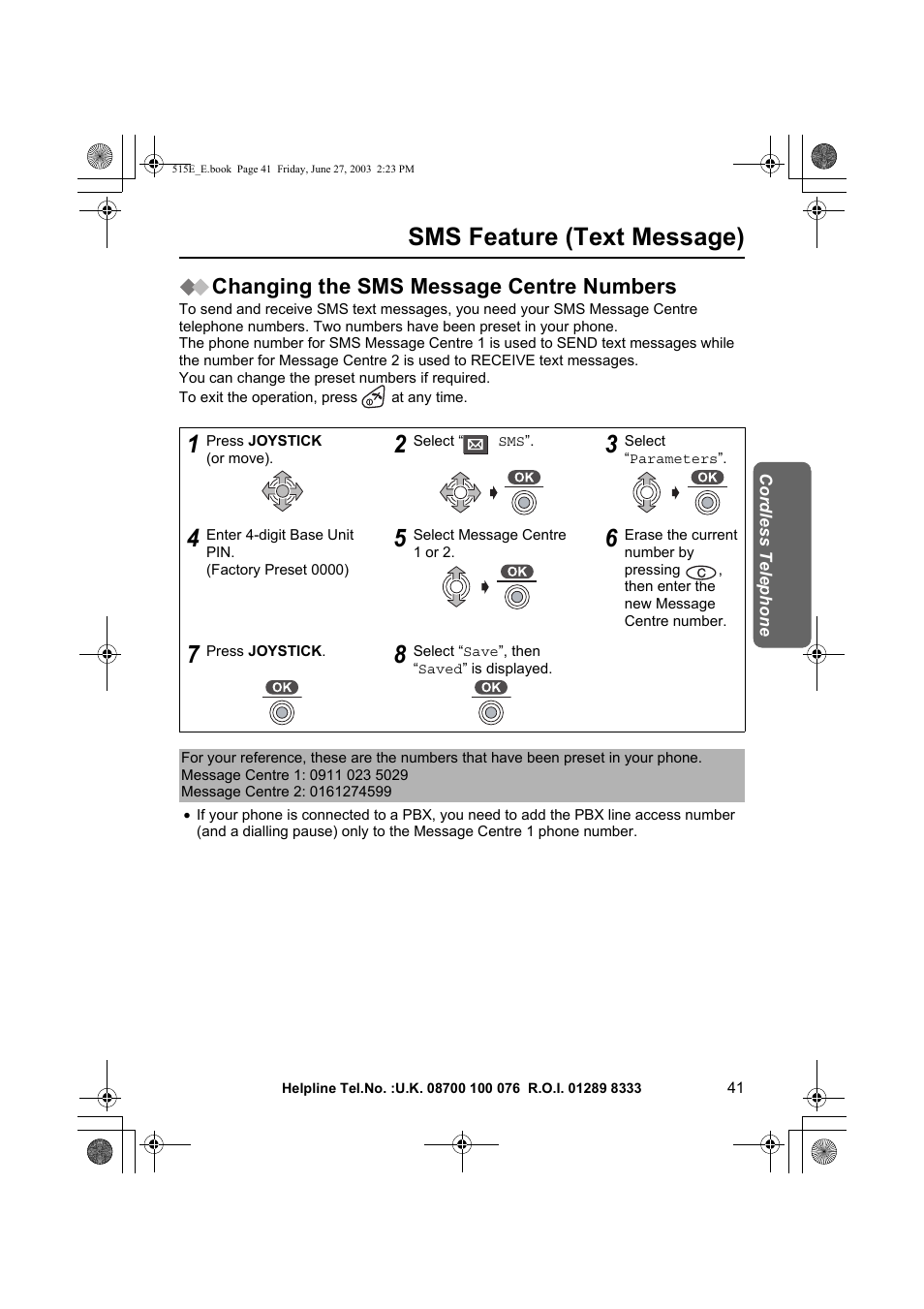 Sms feature (text message), Changing the sms message centre numbers | Panasonic KX-TCD515E User Manual | Page 41 / 96