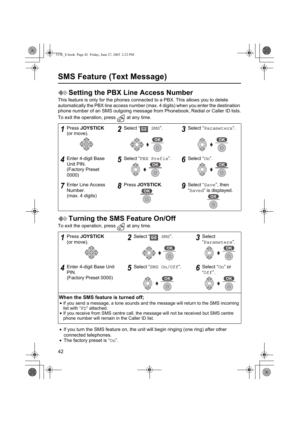 Sms feature (text message), Setting the pbx line access number, Turning the sms feature on/off | Panasonic KX-TCD515E User Manual | Page 42 / 96