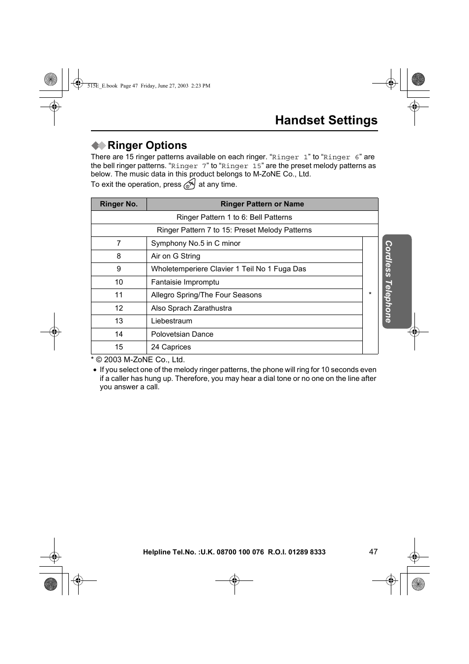 Handset settings, Ringer options | Panasonic KX-TCD515E User Manual | Page 47 / 96