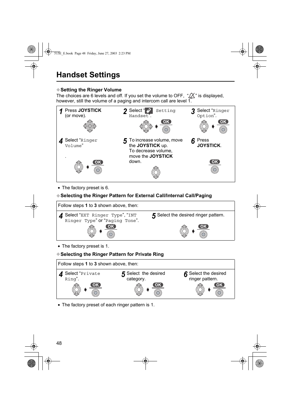 Handset settings | Panasonic KX-TCD515E User Manual | Page 48 / 96